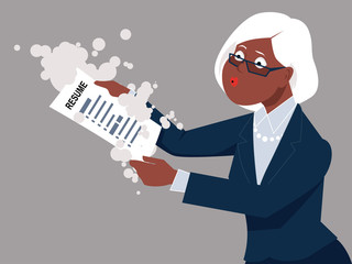 Senior woman blowing off dust from her resume, returning to work, ESP 8 vector illustration