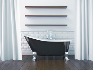3d rendering interior of a bathroom. Shelves on the bathroom wall.