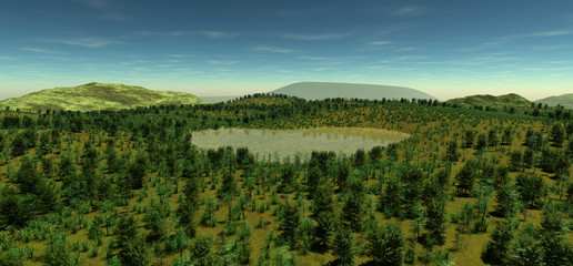 Fototapeta premium The sacred lake at the height of the hill in the spring time. The light of day. The sun is hidden behind the horizon. Most vegetation. Forest, grass, stones, lake.