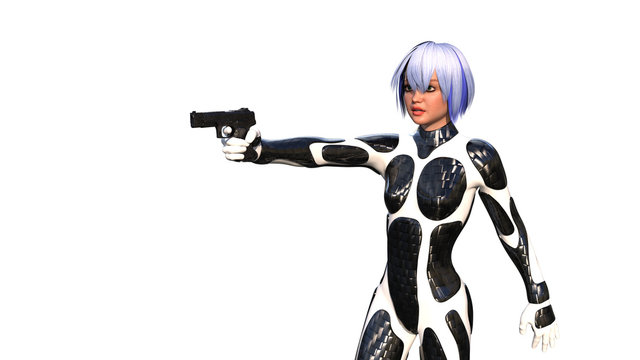 One young girl in latex with short hair and a gun. On a white background.