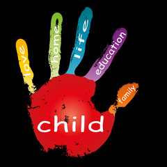 Conceptual children painted hand print word cloud
