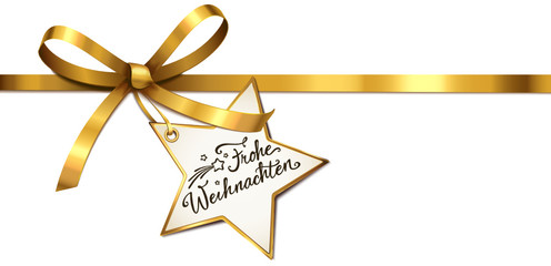 Goldene Schleife mit Stern-Etikett - Frohe Weihnachten