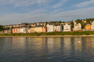 Fototapeta na wymiar Koblenz residential district on the Rhine bathed in afternoon light
