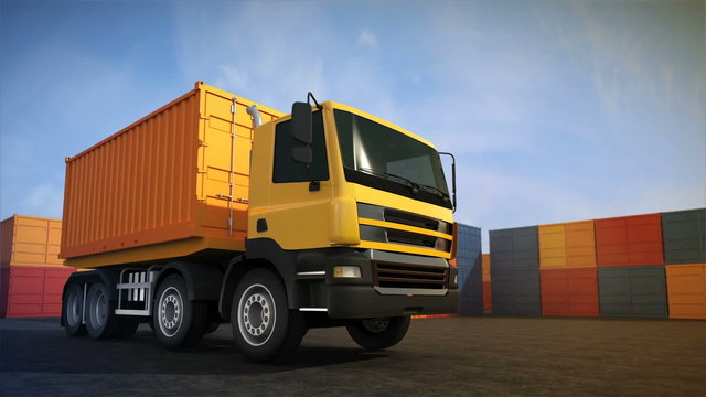 3d rendered animation of loading freight container on orange truck. Background of stack of freight containers