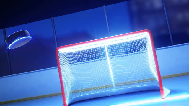 3d render animation of hockey rink with shine lines and stick shots on puck crossing goal line. Close view