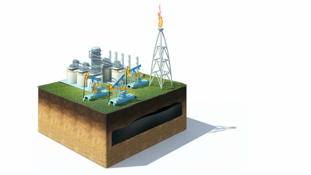 4k loop animation. 3d video of cross section of ground with grass and oil pump jack isolated on white