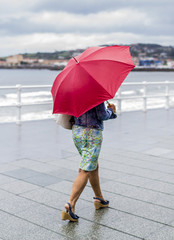 Mujer con paraguas paseando por la ciudad
