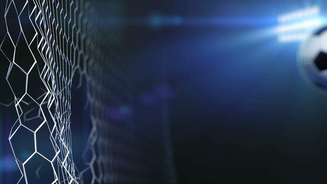 4K slow motion 3d animation of soccer ball flying and tearing goal net on dark background with stadium lights.