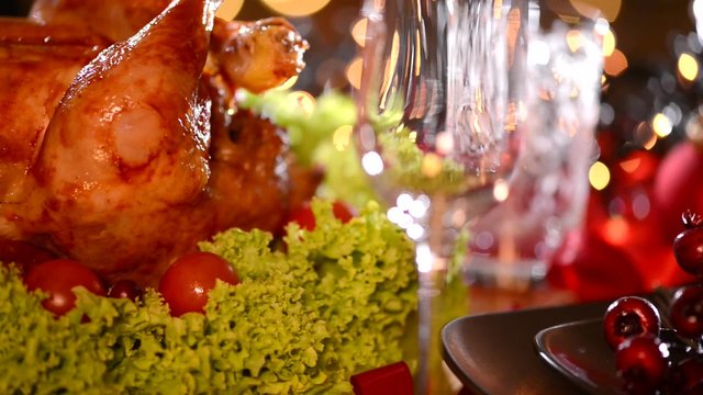 Christmas dinner. Holiday decorated table setting with turkey
