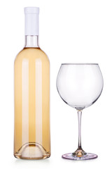 Elegant white wine glass and bottle isolated