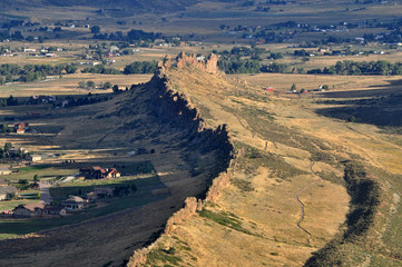 Aerial view of the Devil's backbone rock formation and 

popular hiking trail in the foothills of Loveland, 

Colorado.