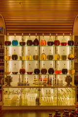 Nut-oil Flasks beautifully displayed in a store- front view