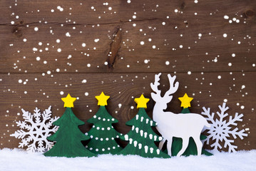 Christmas Decoration, Reindeer, Snow, Green Tree, Snowflakes