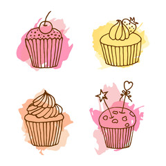 Vector cupcake illustration. Set of 4 hand drawn cupcakes with colorful splashes.