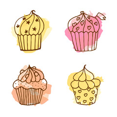 Vector cupcake illustration. Set of 4 hand drawn cupcakes with colorful splashes