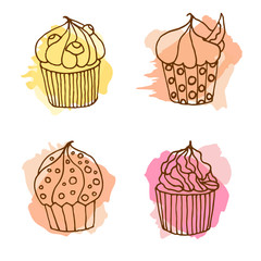 Vector cupcake illustration. Set of 4 hand drawn cupcakes with colorful splashes.