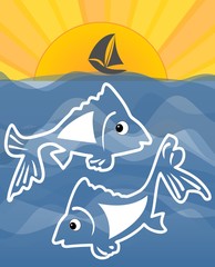 Fototapeta na wymiar Summer theme with sea, fish cartoon, sun and small ship silhouette on horizont, vector concept for fishing sport, fish restaurant