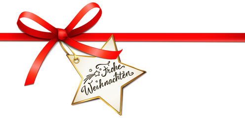 Rote Schleife mit Stern-Etikett - Frohe Weihnachten