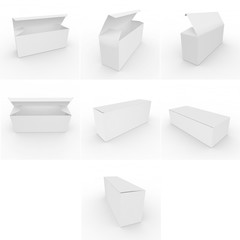 Collection of blank white boxes of tea and other products and goods