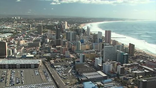 Aerial of Durban's beachfront and city showing the Indian Ocean and hotels.