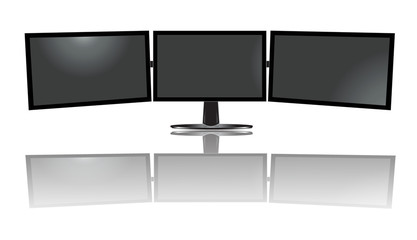 three wide monitors, triple, tv, flat vector illustration 
