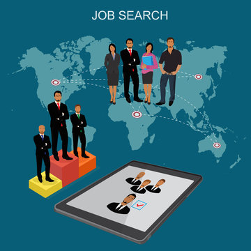 flat vector illustration of people who are looking for new job isolated on world map background 