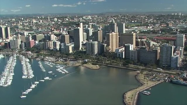 Aerial of Durban's Victoria embankment, Yacht Mole, city and harbour.