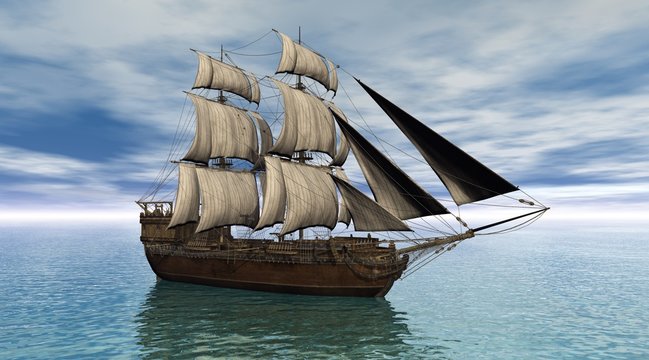 Sailing ship on a calm ocean, 3d digitally rendered illustration