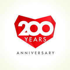Two hundreds anniversary heart logo. Template logo of 200 jubilee in facet heart shape. - obrazy, fototapety, plakaty