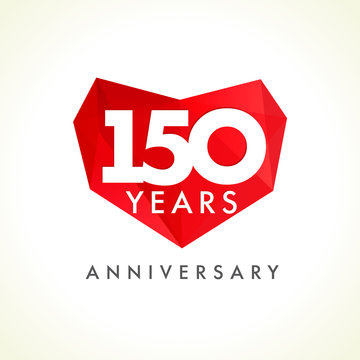 150 anniversary heart logo. Template logo of 150 jubilee in facet heart shape.