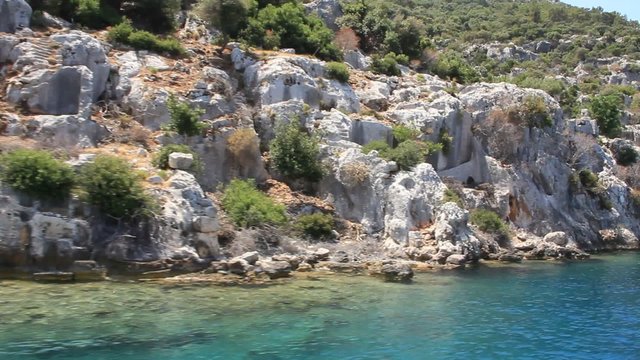 Simena - flooded ancient Lycian city. Kekova island. Ruins of antique architecture