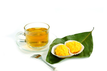 Tea and Thai Sweetmeat on isolate white background.