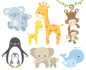 Stickers muraux Zoo Illustration vectorielle d& 39 animaux et de bébés, y compris les koalas, les pingouins, les girafes, les singes, les éléphants, les baleines.