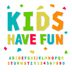 Creative kids funny alphabet and numbers, vector illustration.