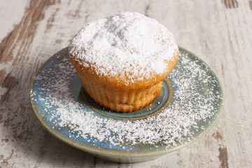 Obraz na płótnie Canvas Fresh muffins with powdered sugar on wooden background, delicious dessert