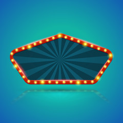 Pentagon retro light banner with light bulbs on the contour. Vector illustration. Can use for promotion advertising...