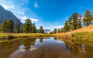 Beautiful mountain panorama in Julian Alps in Slovenia. This is a typical postcard from Slemenova spica with the mighty Jalovec in the backround.