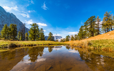 Beautiful mountain panorama in Julian Alps in Slovenia. This is a typical postcard from Slemenova spica with the mighty Jalovec in the backround.