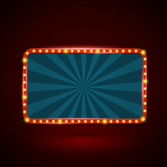Round rectangle retro light banner with light bulbs on the contour. Vector illustration. Can use for promotion advertising...