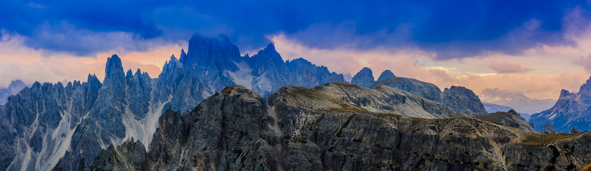  Cadini di Misurina range in National Park Tre Cime di Lavaredo. Dolomites, Italy - sunset, panorama.