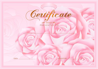 Certificate, Diploma of completion (Rose design template, flower background) with floral, pattern, border, frame. Certificate of Achievement, coupon, award, winner certificate, pink female gift card