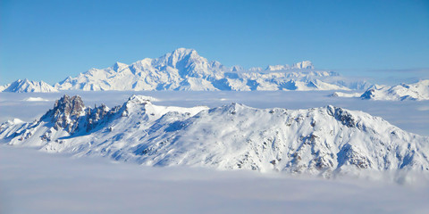 Panorama of the the Mont Blanc over a sea of clouds, the Alps, France - obrazy, fototapety, plakaty