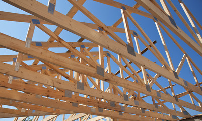 Roofing Construction. Wooden Roof Frame House Construction - obrazy, fototapety, plakaty