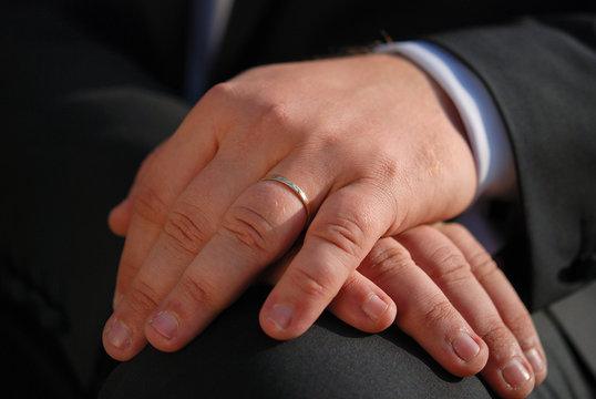 Close-up of elegance man hands with wedding ring
