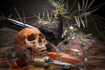 Still life with red wine and wine glass. Still life with skull a