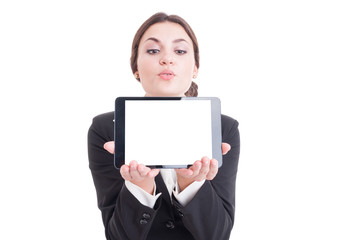 Attractive businesswoman showing tablet with blank display isola