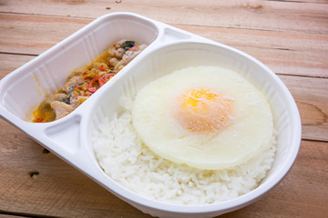 Freeze of basil Fried Chicken and fried egg convenience food