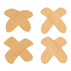 Set of Adhesive, flexible, fabric plaster . Medical bandage in different shape - curved cross. Vector illustration isolated on white background.