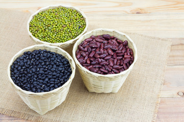 Different kinds of beans in bamboo basket