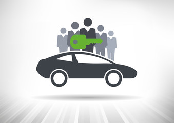Car Sharing. Group of people with shared key behind car
